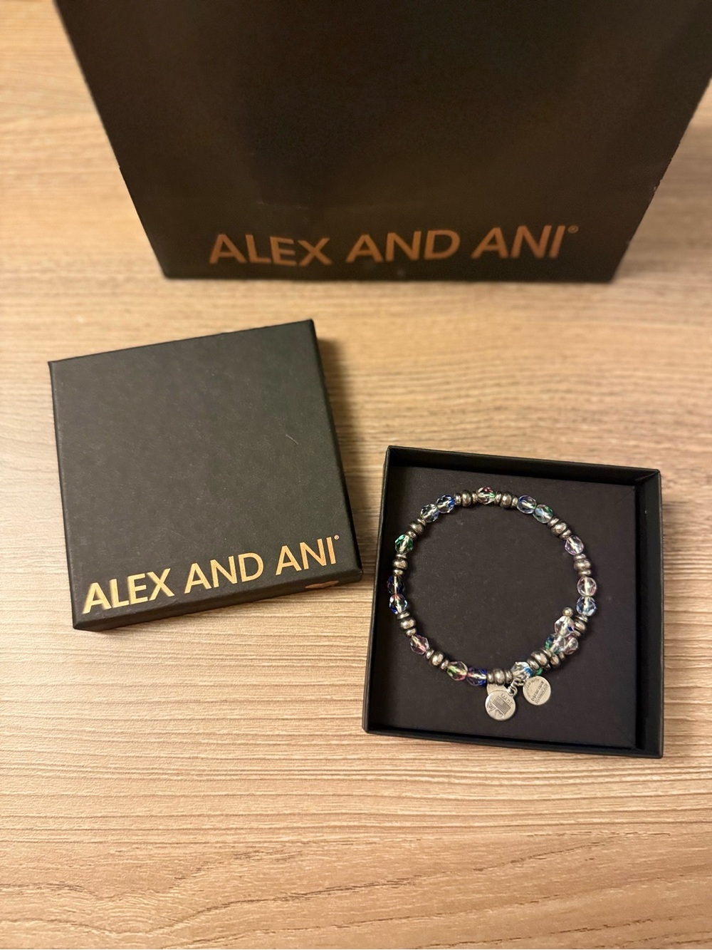 Alex and Ani Iridescent Multicolor Beaded Bracelet with Silver Charms
